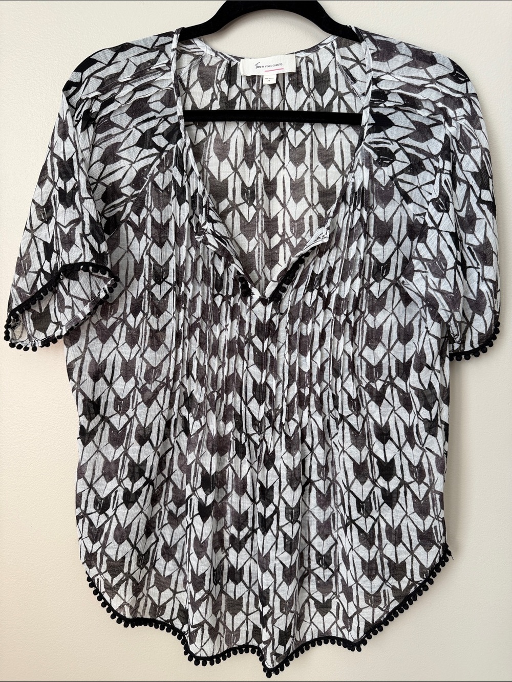 Two by Vince Camuto Black and White Geometric Pom-Pom Trim Blouse